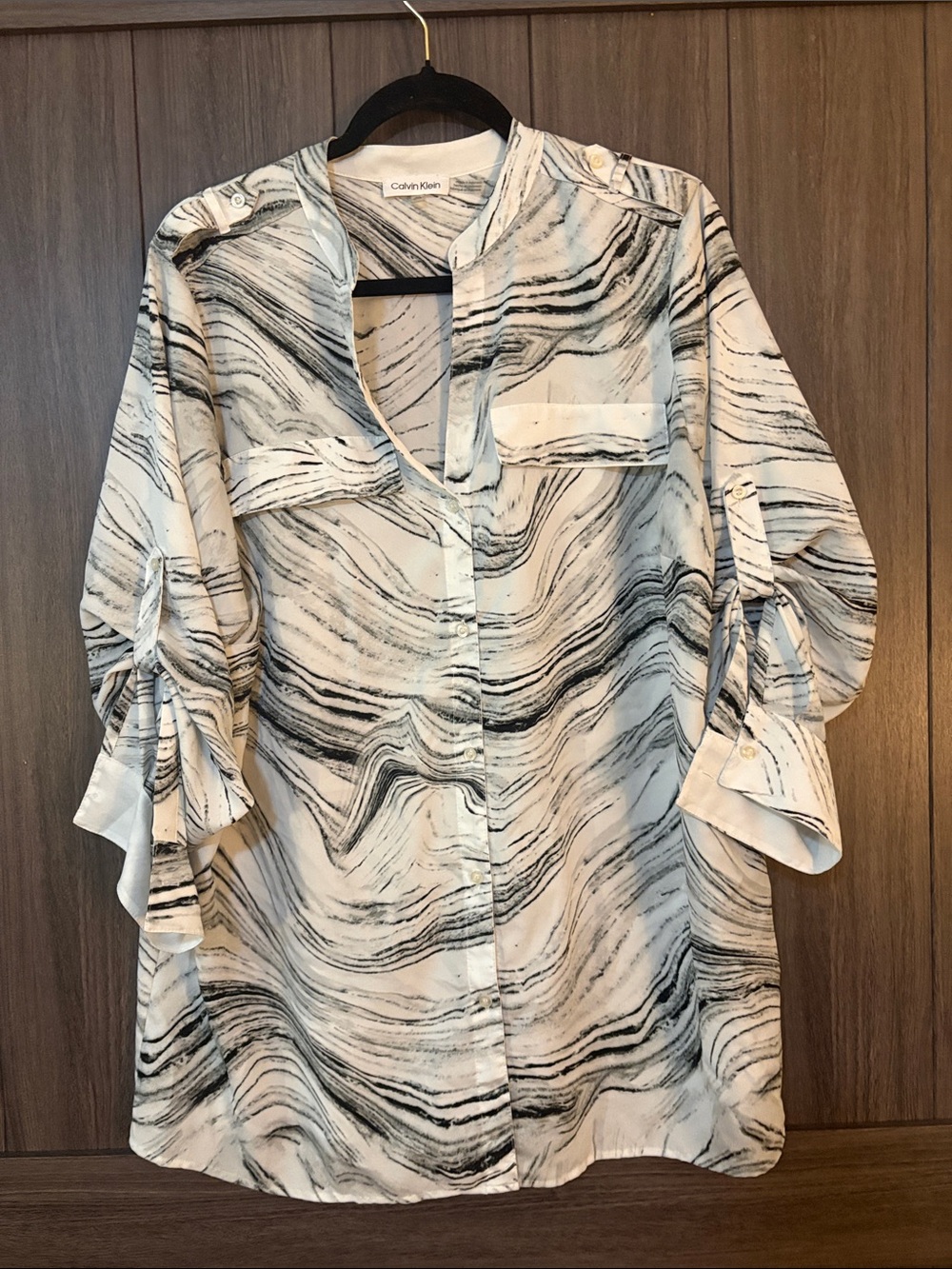 Calvin Klein White Marble-Print Button Front Blouse